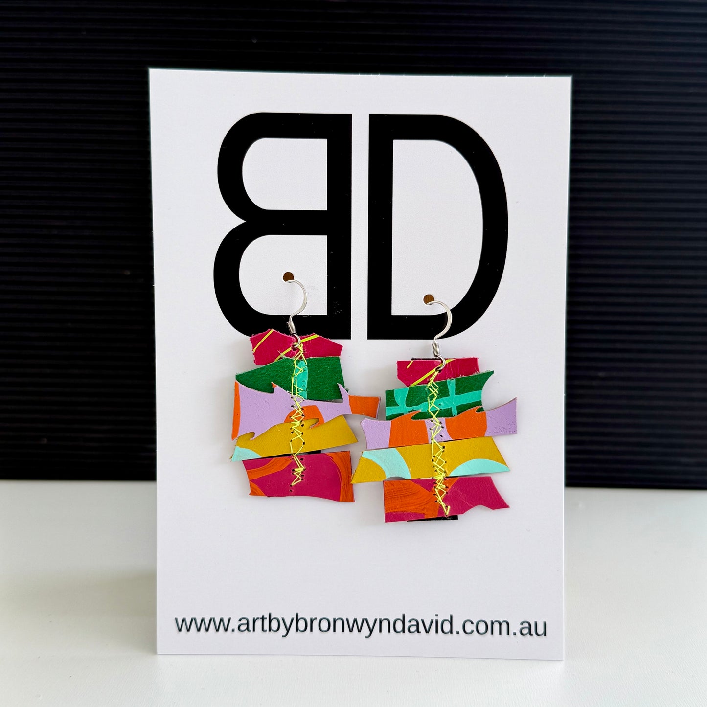 Scrap Stacks purple and yellow | Aboriginal Leather Earrings | Art by Bronwyn David