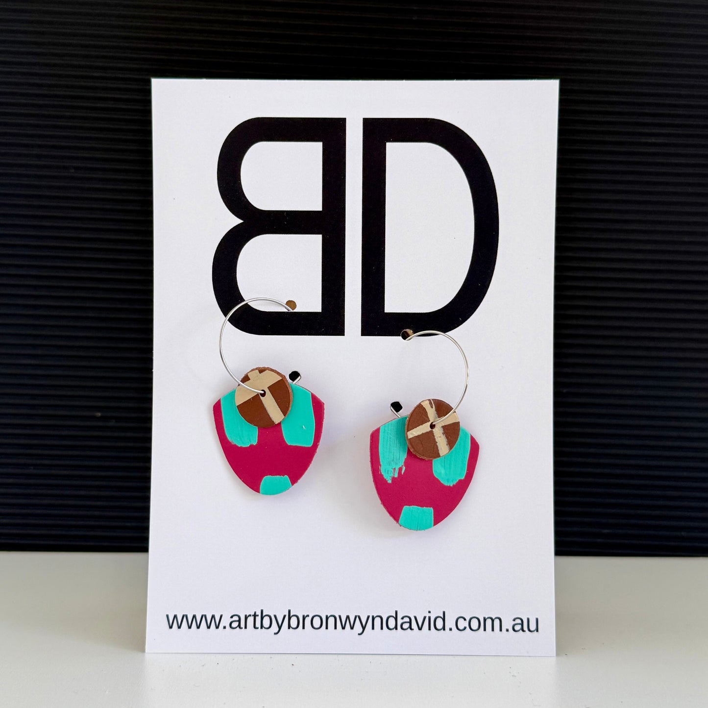 Mini Statement Hoops Pink and Aqua | Aboriginal Leather Earrings | Art by Bronwyn David