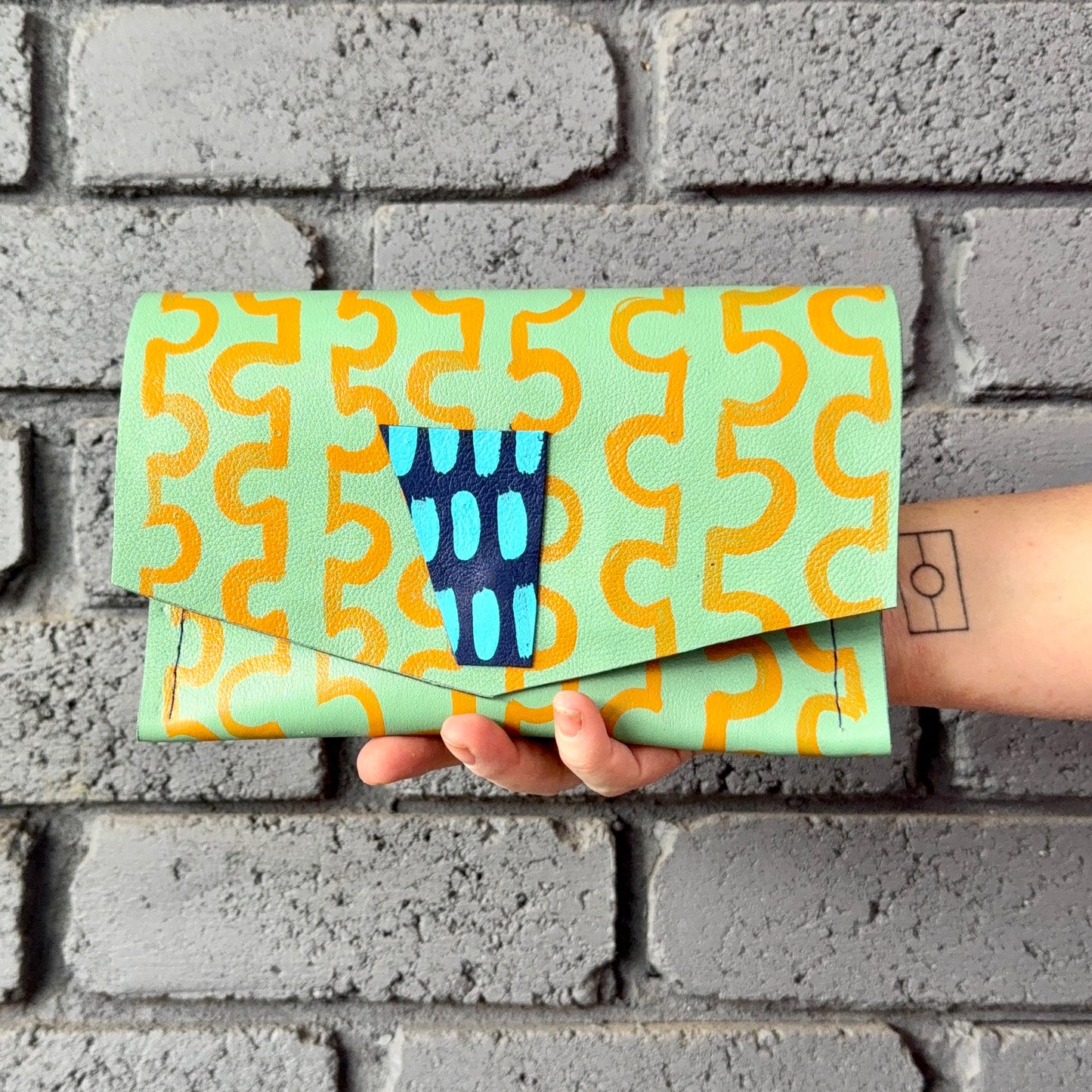 Handmade Hand-Painted Green and Mustard Leather Clutch Purse