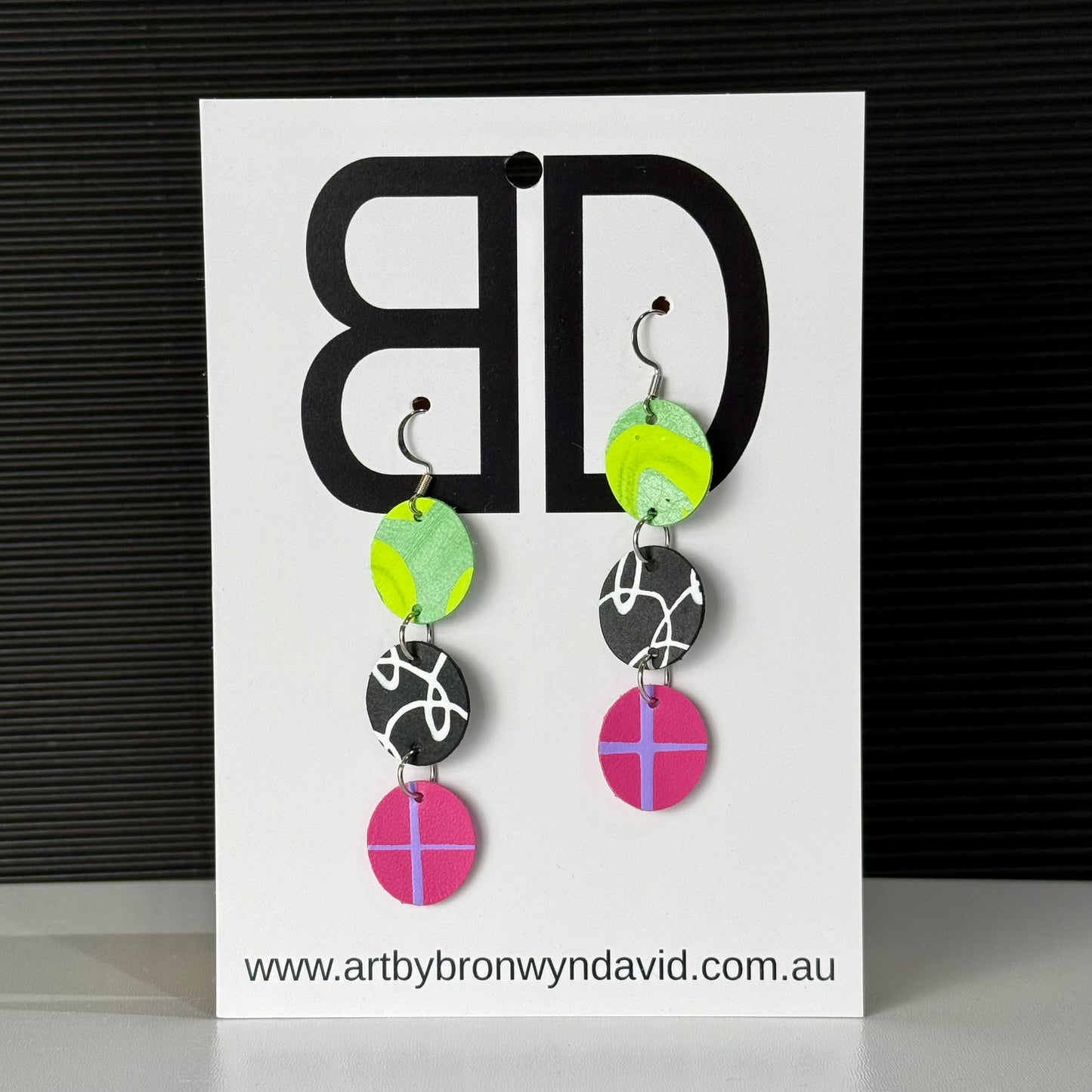 Statement Earrings Green and Lime | Aboriginal Leather Earrings | Art by Bronwyn David