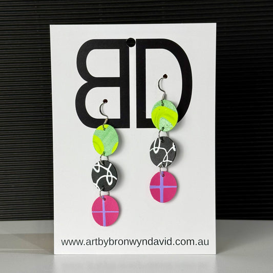 Statement Earrings Green and Lime | Aboriginal Leather Earrings | Art by Bronwyn David
