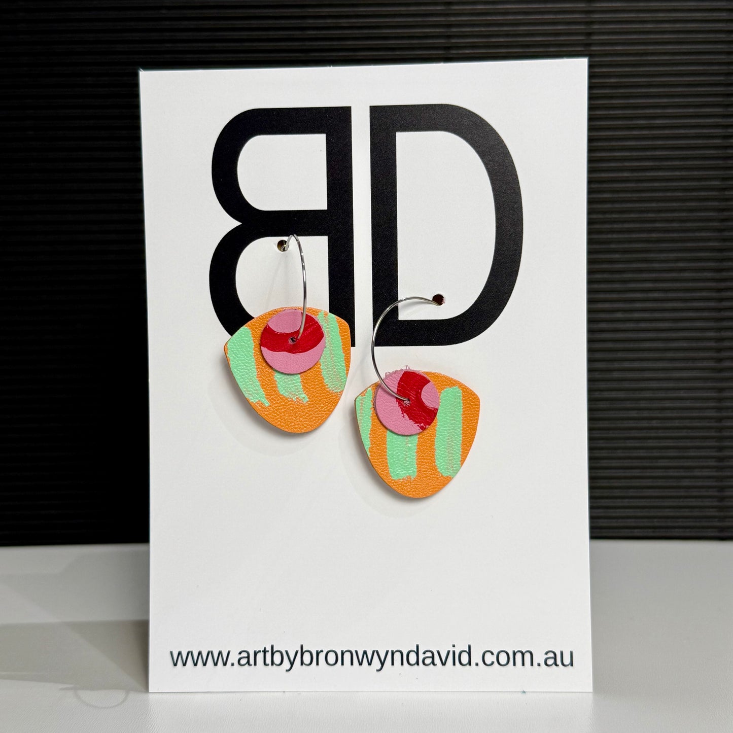 Mini Statement Hoops Mango and Pistachio | Aboriginal Leather Earrings | Art by Bronwyn David