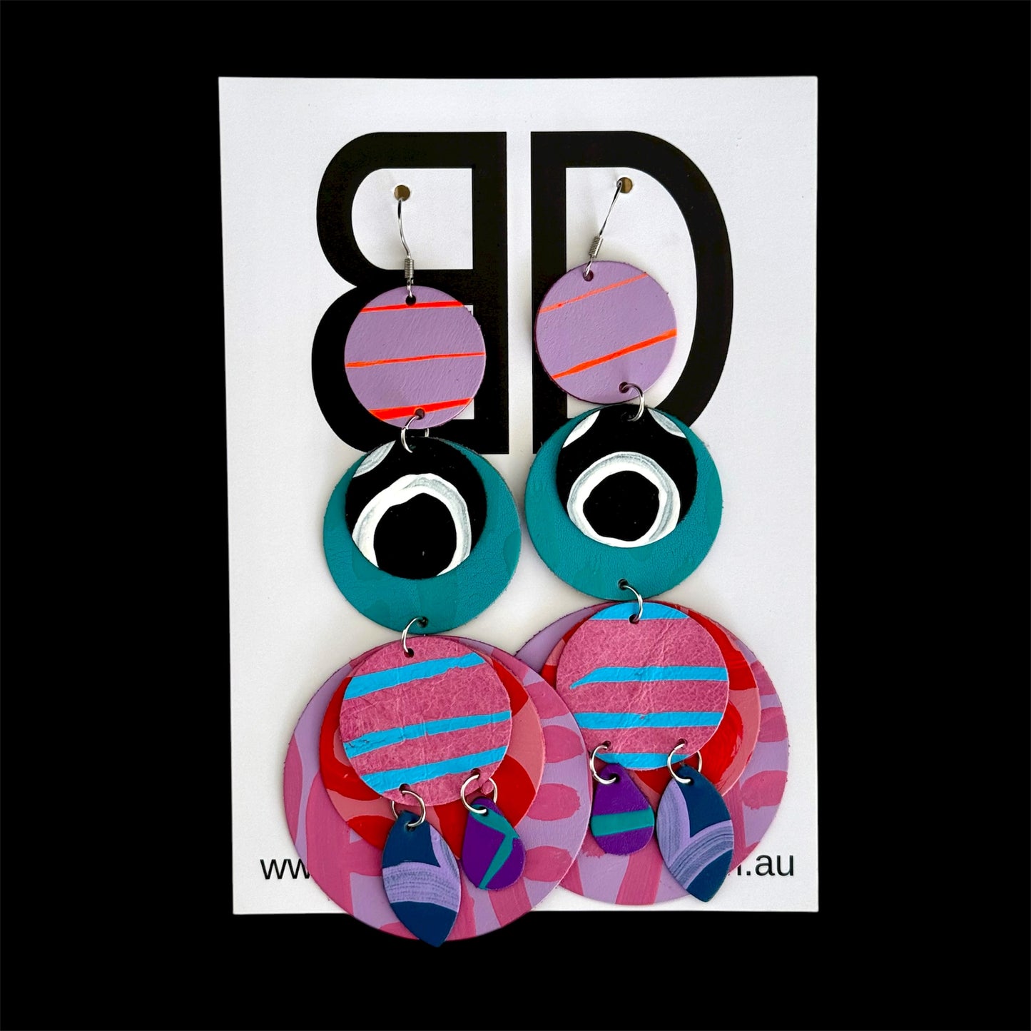 Triple Tier XL - Handmade Painted Leather Earrings - Lightweight Statement Jewellery - Aboriginal Design | Artisan Crafted