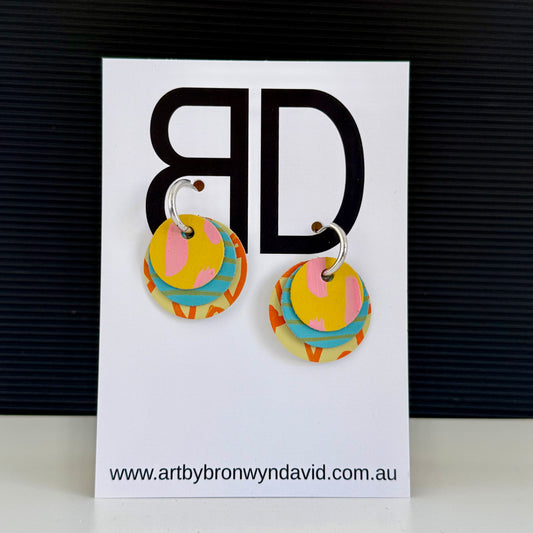 Interchangeable Huggies Yellow and Pink | Aboriginal Leather Earrings | Art by Bronwyn David