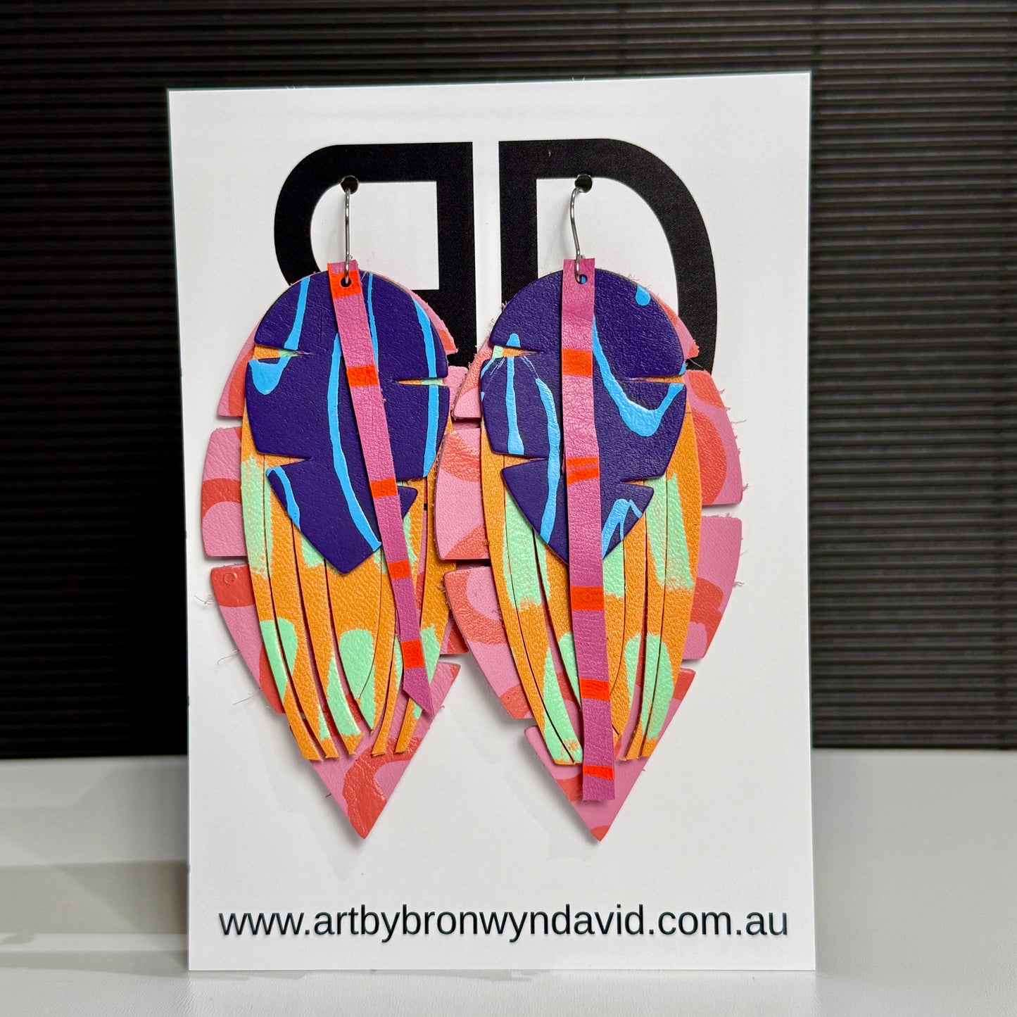 Aunty Feathers Mango and Pistachio | Aboriginal Leather Earrings | Art by Bronwyn David