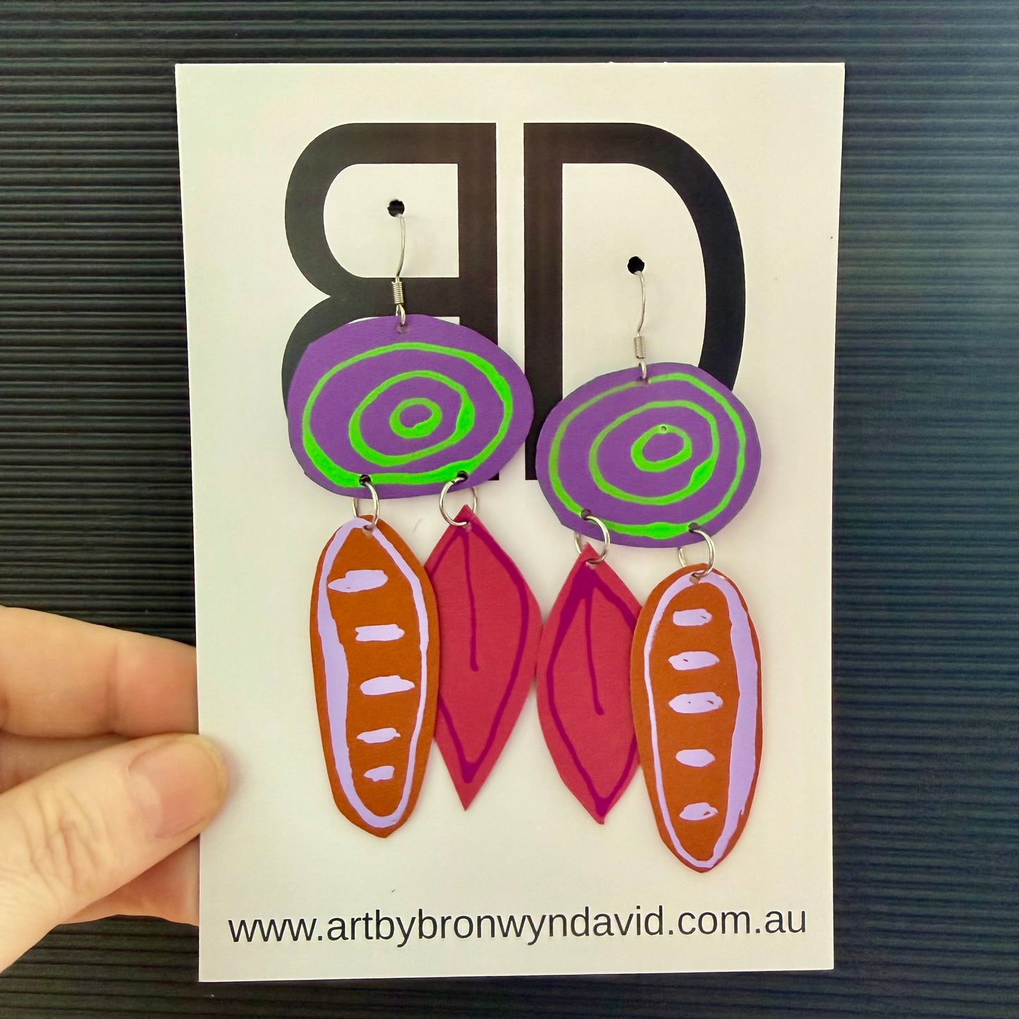 NAIDOC Collection, green and purple gathering place | Aboriginal Leather Earrings | Art by Bronwyn David