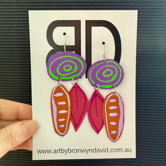Statement Earrings green and purple gathering place | Aboriginal Leather Earrings | Art by Bronwyn David