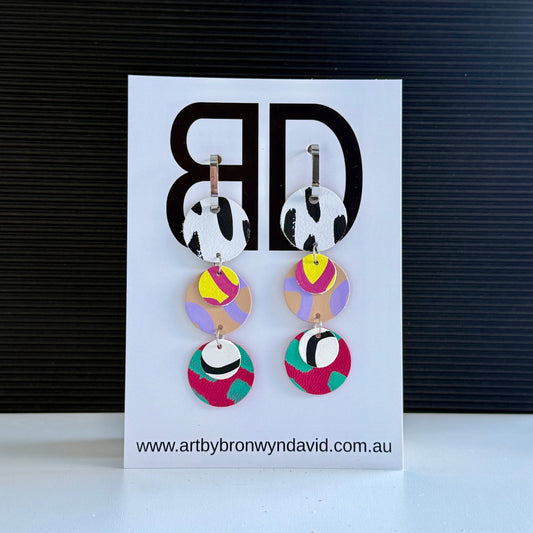 Triple Drops - Handmade Painted Leather Earrings - Lightweight Statement Jewellery | Artisan Crafted
