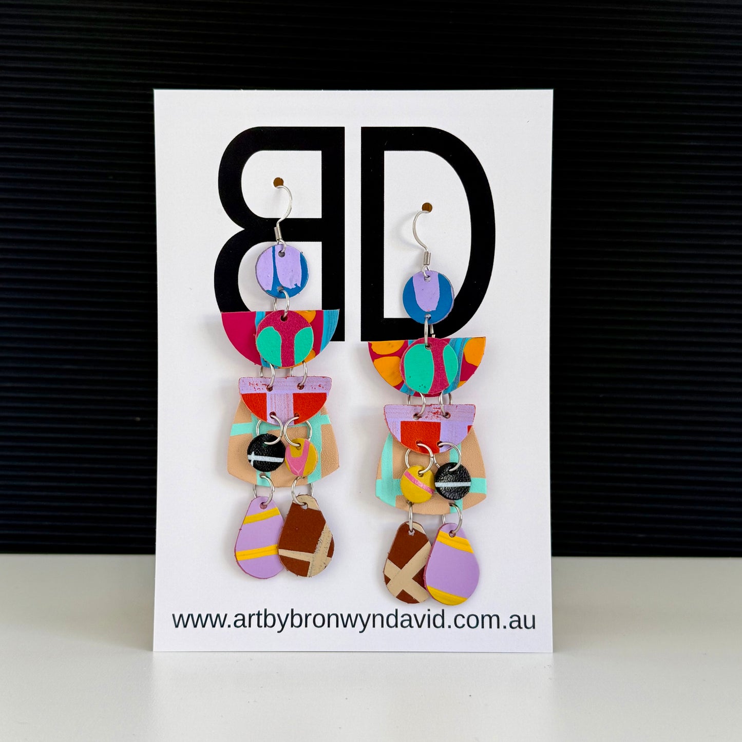 Totem Earrings XL Beige and Green | Aboriginal Leather Earrings | Art by Bronwyn David