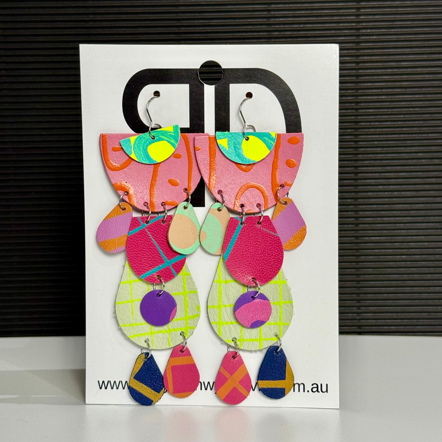 Half Moon Mega Statement Earrings Green and Lime | Aboriginal Leather Earrings | Art by Bronwyn David