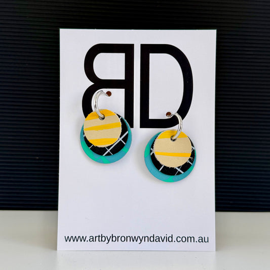 Interchangeable Huggies Yellow and Blue | Aboriginal Leather Earrings | Art by Bronwyn David