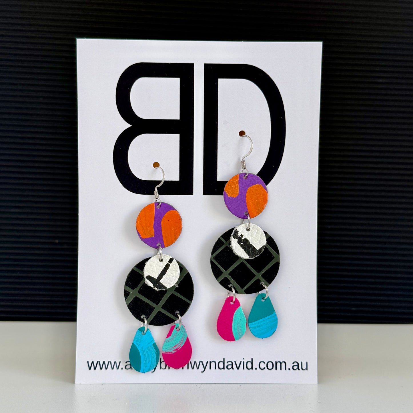 Trio Drop’s Black and Grey | Aboriginal Leather Earrings | Art by Bronwyn David