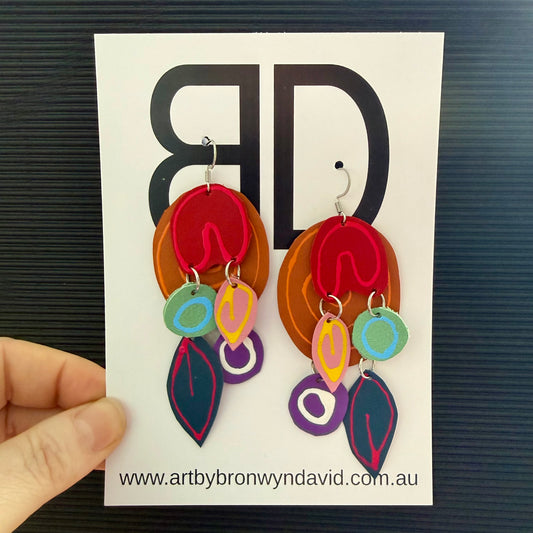 NAIDOC Collection, Brown and Orange Gathering Place | Aboriginal Leather Earrings | Art by Bronwyn David