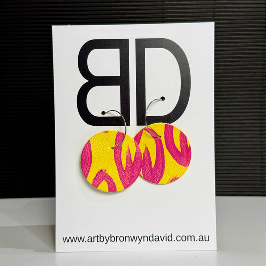 Moon Hoops Yellow and Hot Pink | Aboriginal Leather Earrings | Art by Bronwyn David