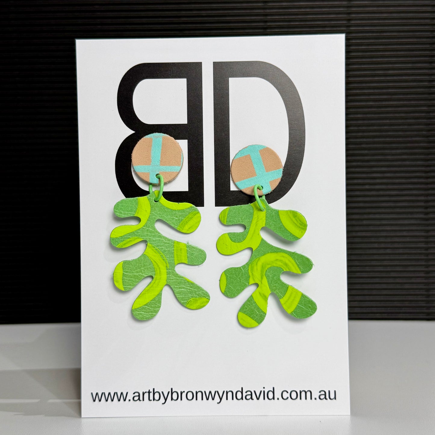 Kelp Earrings Green | Aboriginal Leather Earrings | Art by Bronwyn David