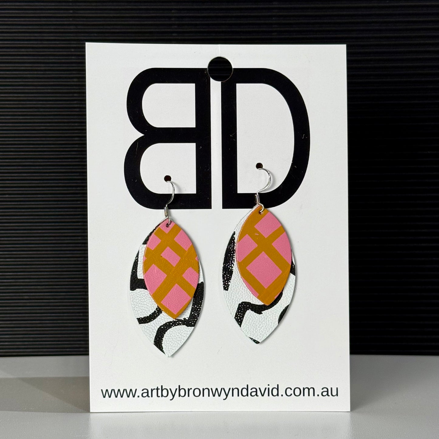 Double Leaves Pink and Mustard | Aboriginal Leather Earrings | Art by Bronwyn David