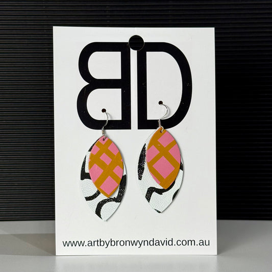 Double Leaves Pink and Mustard | Aboriginal Leather Earrings | Art by Bronwyn David