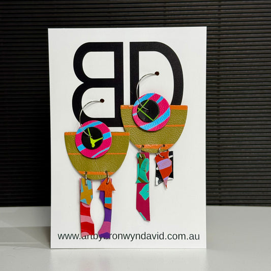 Interchangeable Hoops Avocado and Orange | Aboriginal Leather Earrings | Art by Bronwyn David