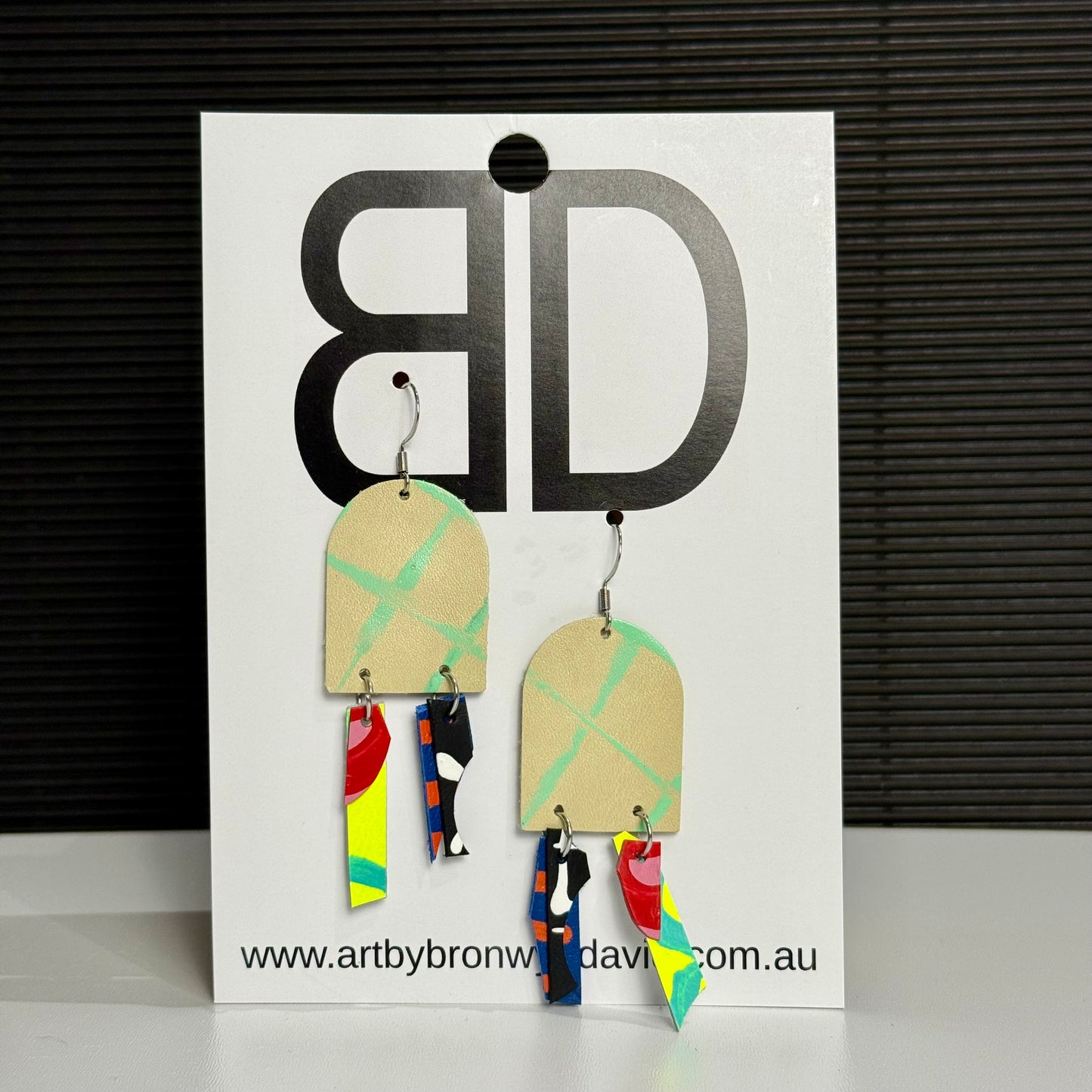 Long Arch Earrings Beige and Mint | Aboriginal Leather Earrings | Art by Bronwyn David