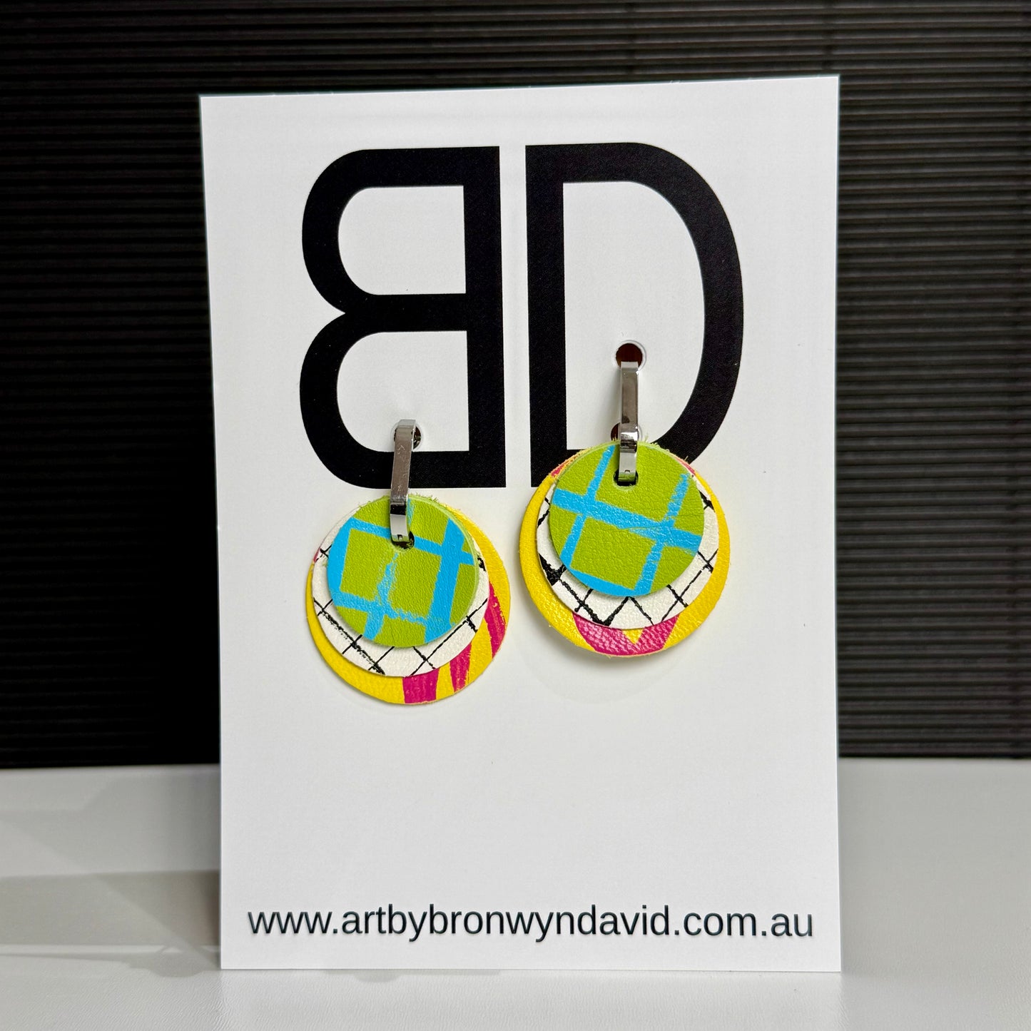 Interchangeable Huggies Green and Blue | Aboriginal Leather Earrings | Art by Bronwyn David