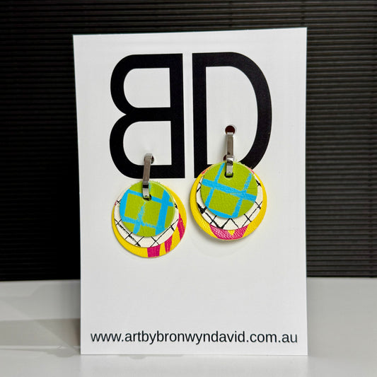 Interchangeable Huggies Green and Blue | Aboriginal Leather Earrings | Art by Bronwyn David