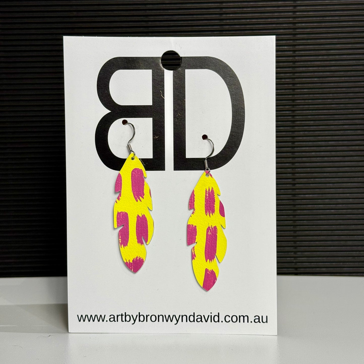 Feather - Single Yellow and Pink | Aboriginal Leather Earrings | Art by Bronwyn David
