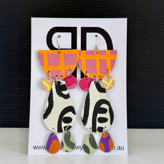 Half Moon Statements Pink and Neon Orange | Aboriginal Leather Earrings | Art by Bronwyn David