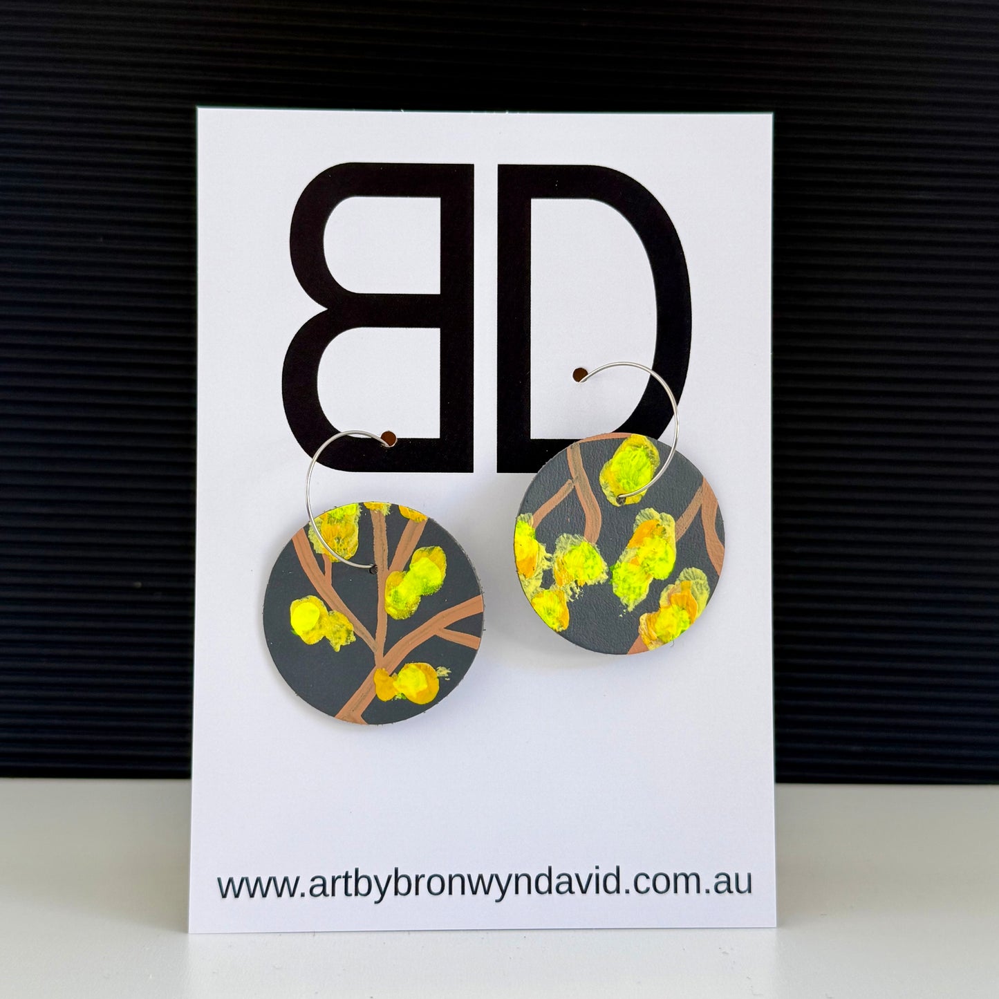 Moon Hoops Grey and Yellow | Aboriginal Leather Earrings | Art by Bronwyn David