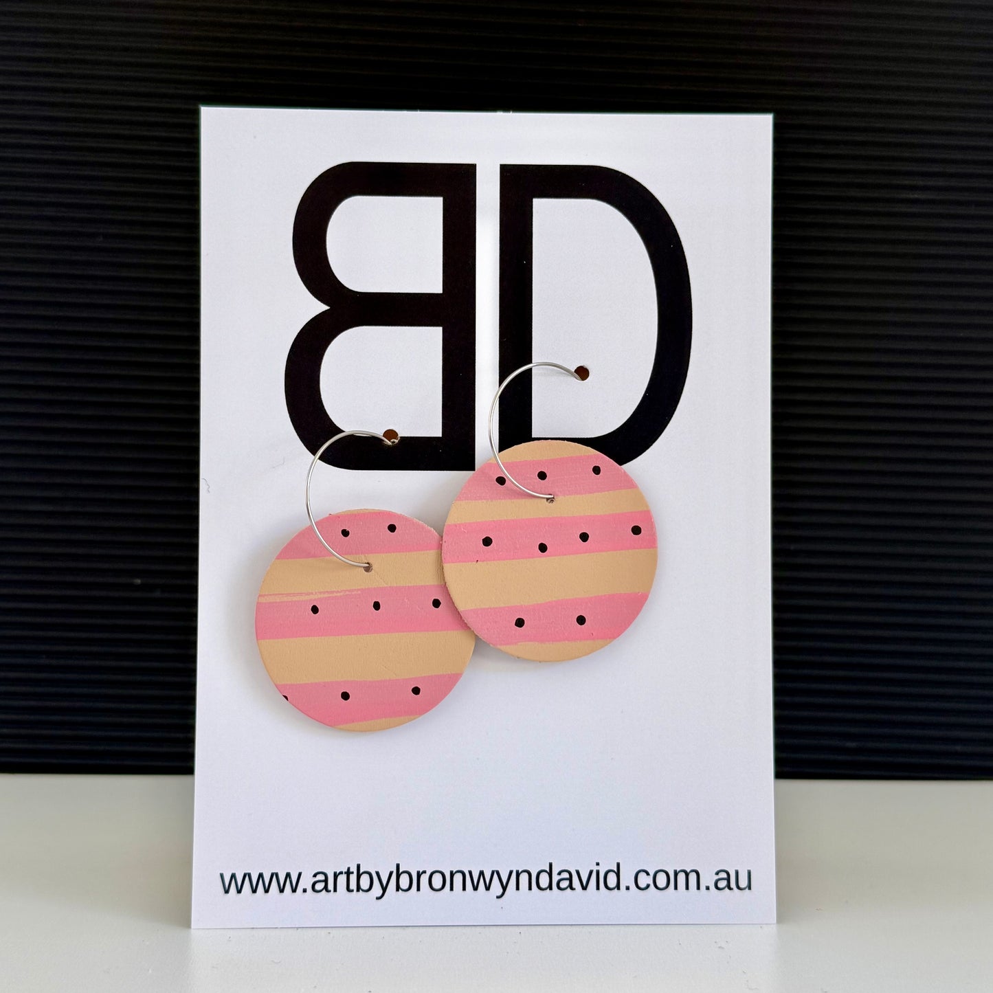 Moon Hoops Pink and Beige | Aboriginal Leather Earrings | Art by Bronwyn David