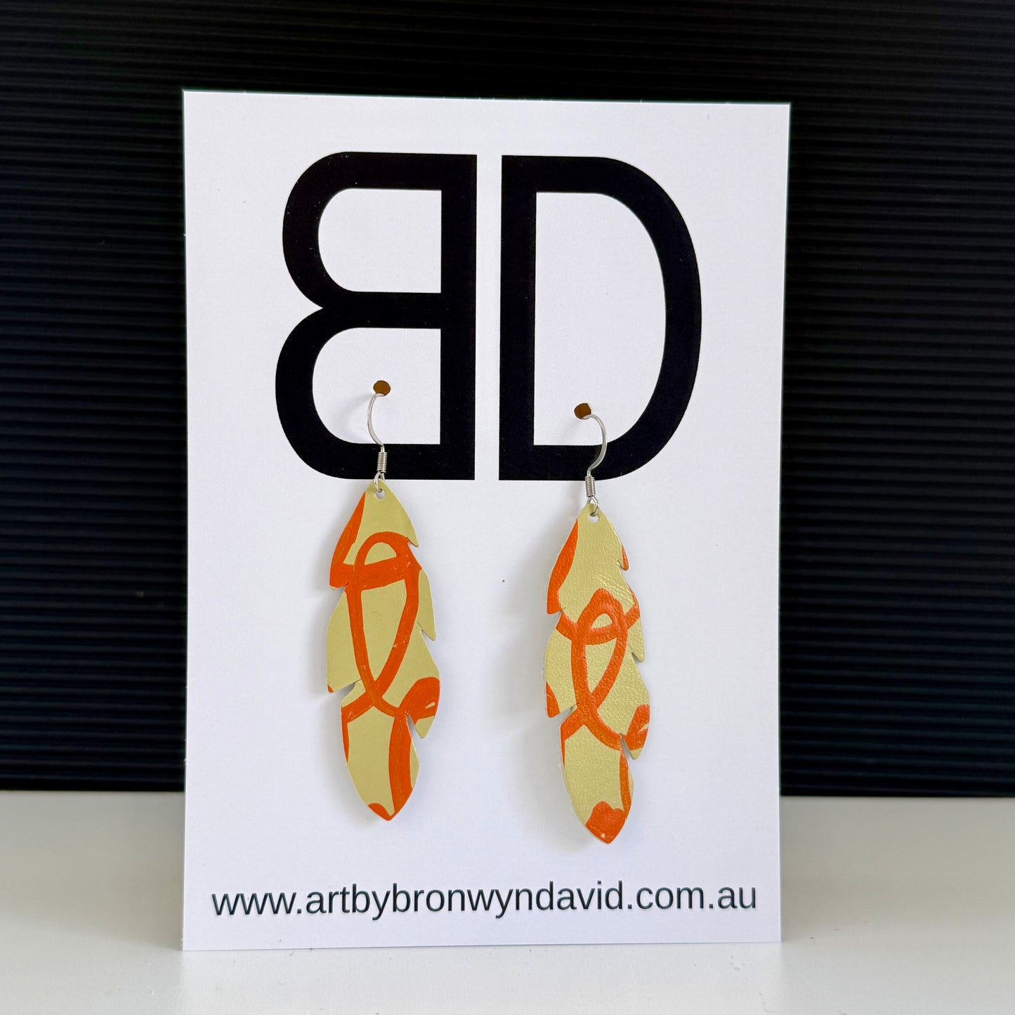 Feather’s Fawn and Orange | Aboriginal Leather Earrings | Art by Bronwyn David