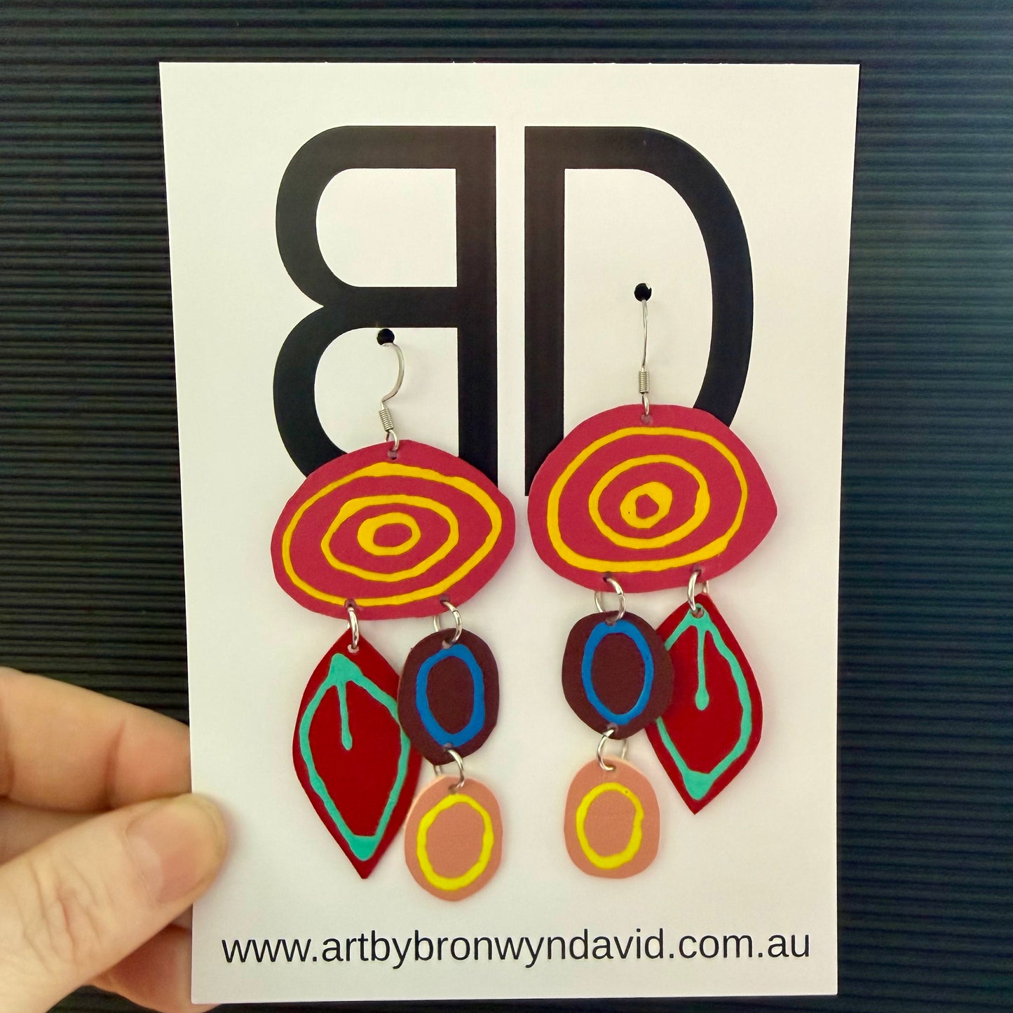 NAIDOC Collection, pink and yellow gathering place | Aboriginal Leather Earrings | Art by Bronwyn David