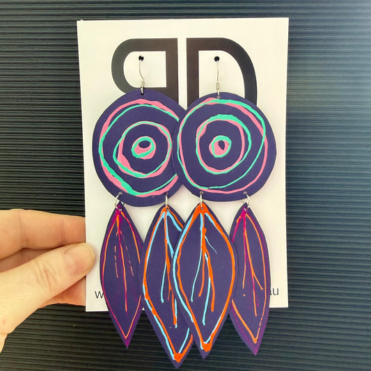 NAIDOC Collection, Purple, Green and Pink Gathering Place | Aboriginal Leather Earrings | Art by Bronwyn David